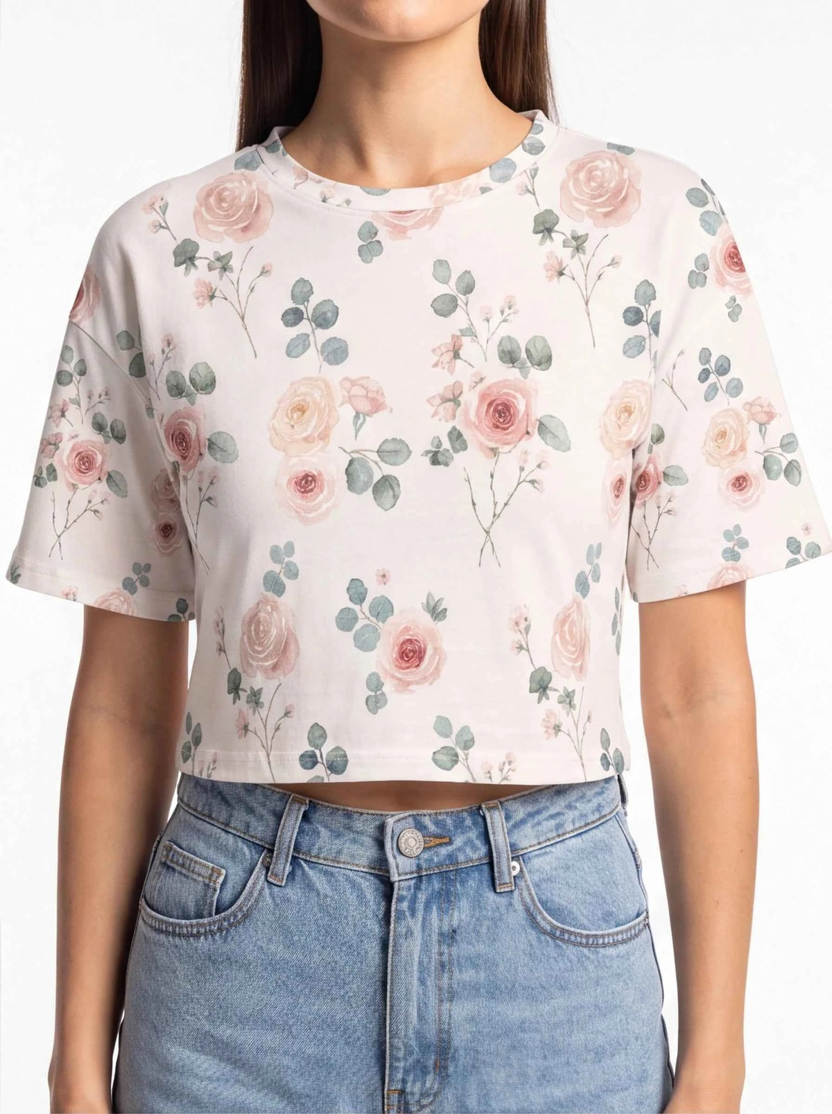 Cropped floral cotton T-shirt front close-up, crew neck and short sleeves