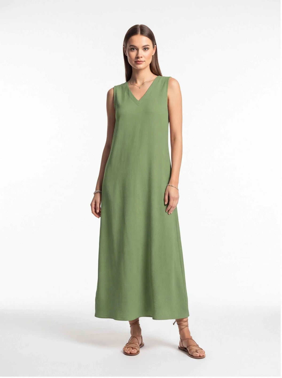 Sage green sleeveless V-neck maxi dress with flowing A-line silhouette