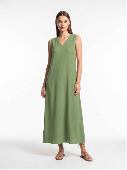 Sage green sleeveless V-neck maxi dress with flowing A-line silhouette