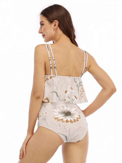 Floral ruffled bikini swimsuit, back view with tiered crop top and high-rise bottoms