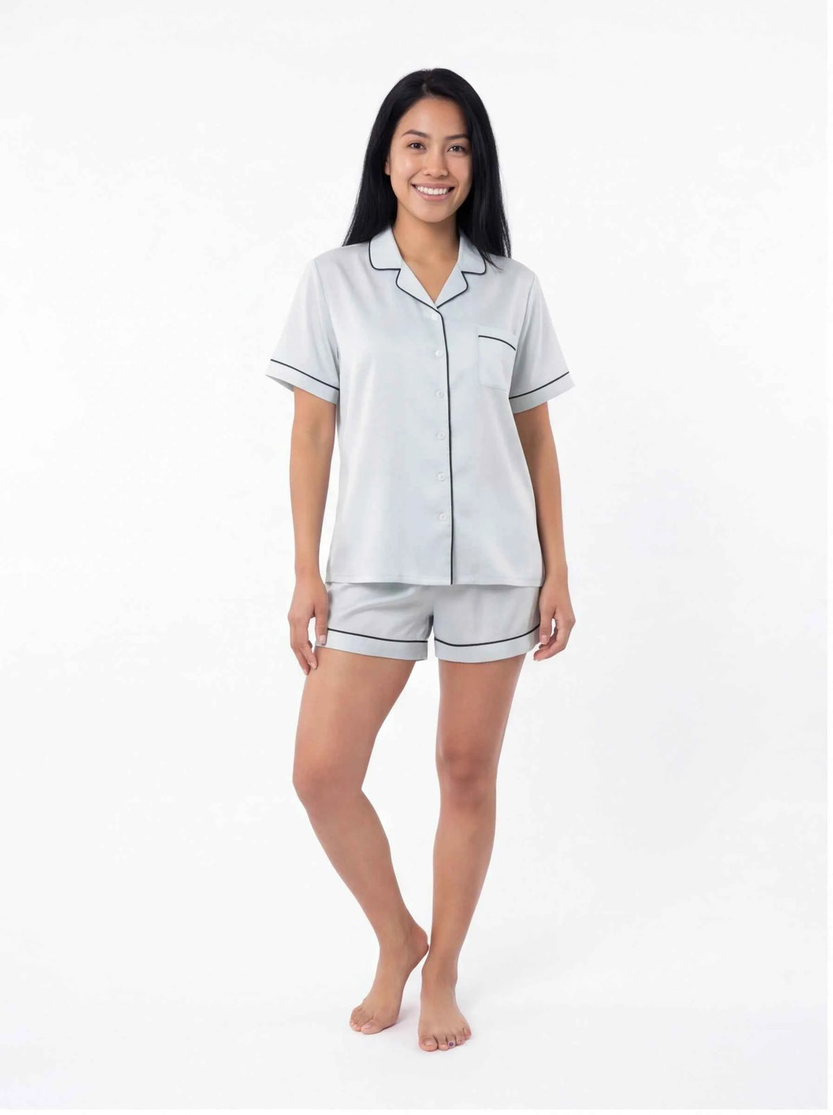 Sea mist satin short-sleeve pajama set with collar, buttons, and contrast trim