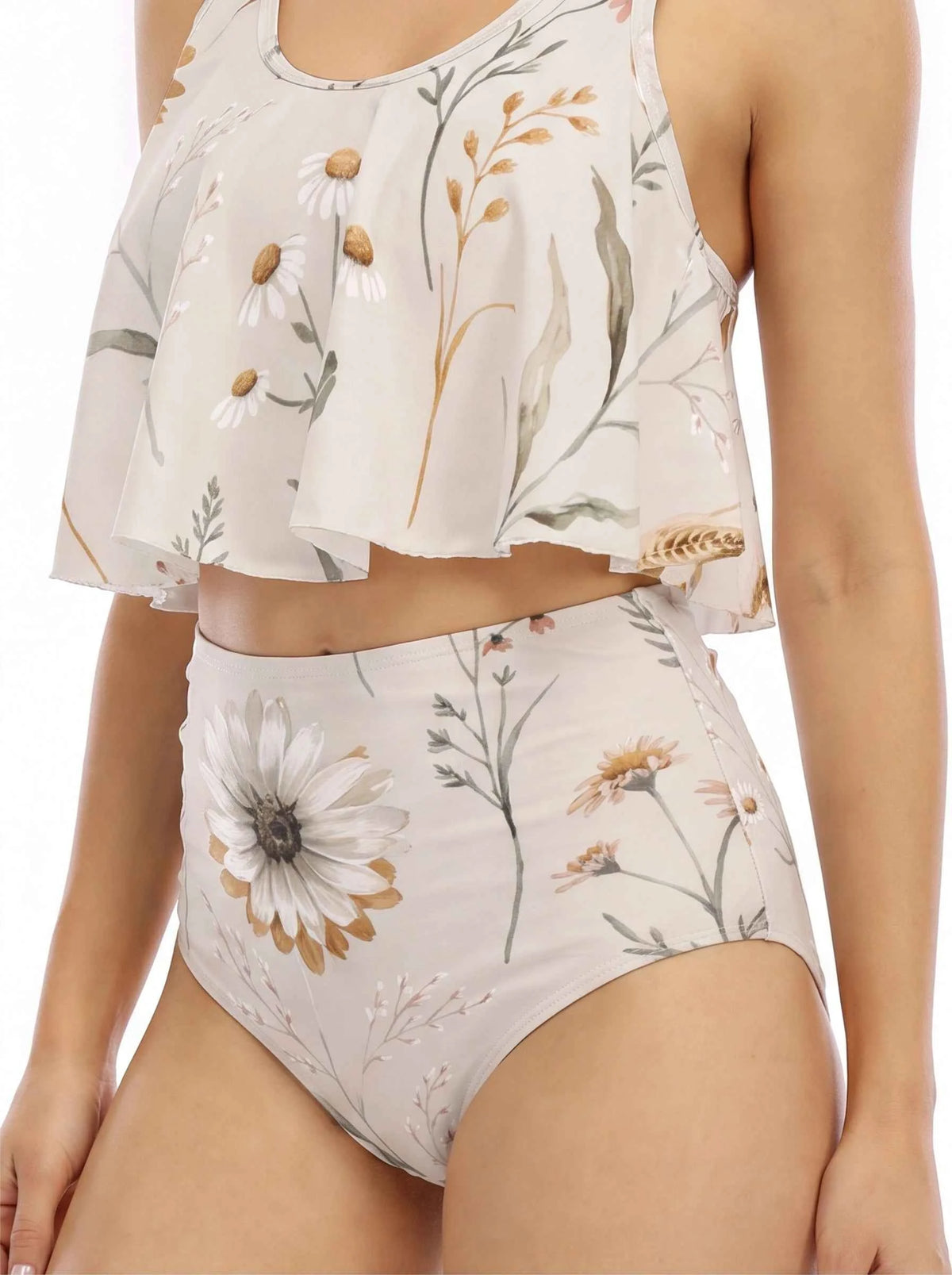 Floral ruffled bikini swimsuit, close-up of botanical print crop top and high-waist bottoms