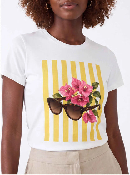 White graphic T-shirt with striped floral sunglasses illustration, crew neck