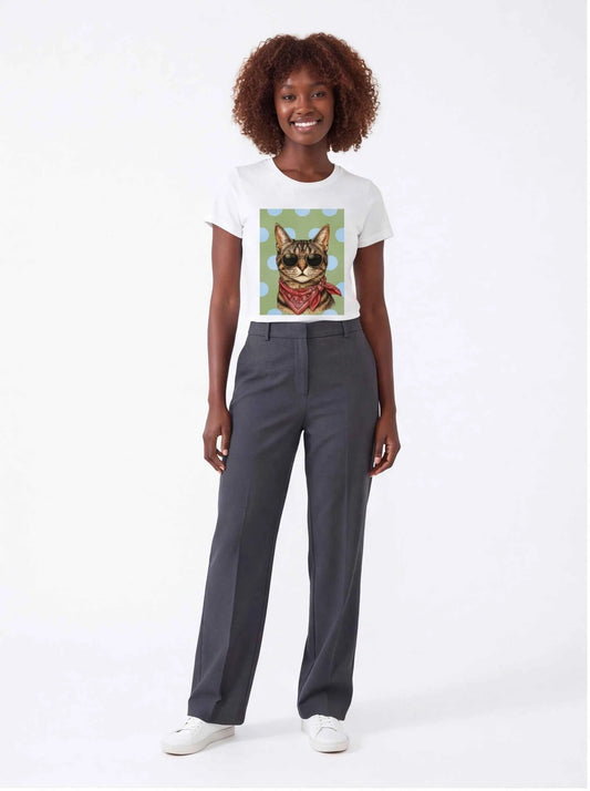 White crew-neck graphic t-shirt with tabby cat portrait print; full front view
