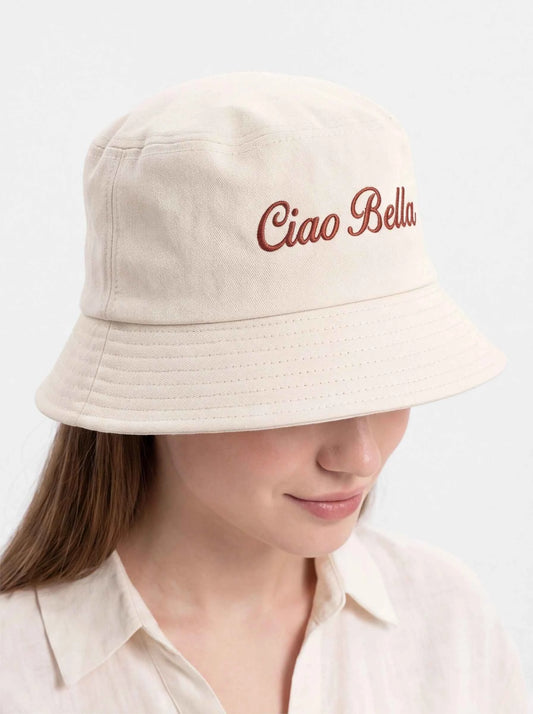 Off white bucket hat with embroidered 'Ciao Bella' on front.