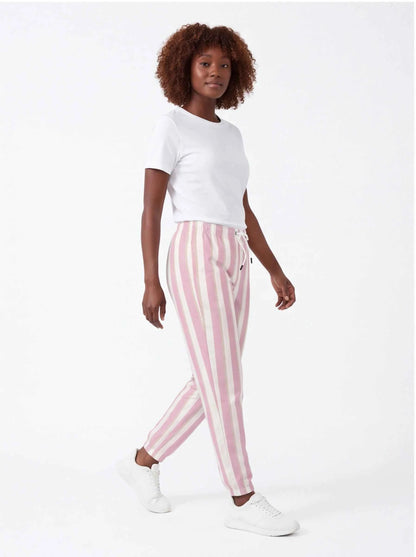 Pink and white striped cotton jogger pants with elastic waist and tapered cuffs
