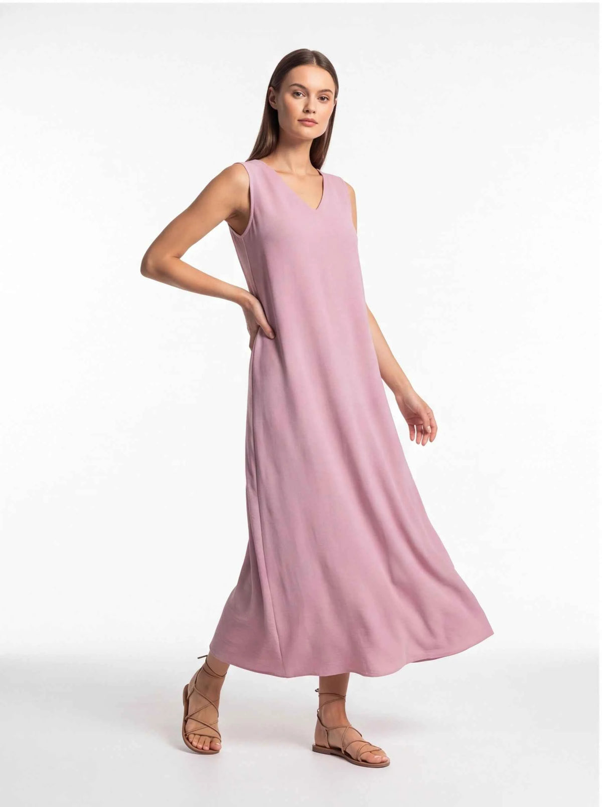 Mauve sleeveless V-neck maxi dress with draped skirt and side seam