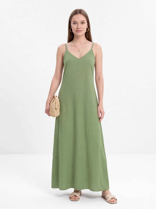 Olive green spaghetti strap maxi dress with V-neck and flowing gathered skirt