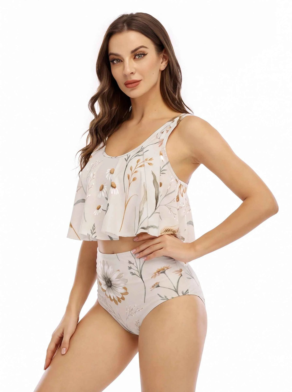 Floral ruffled bikini swimsuit with sleeveless ruffle crop top and high-waist briefs