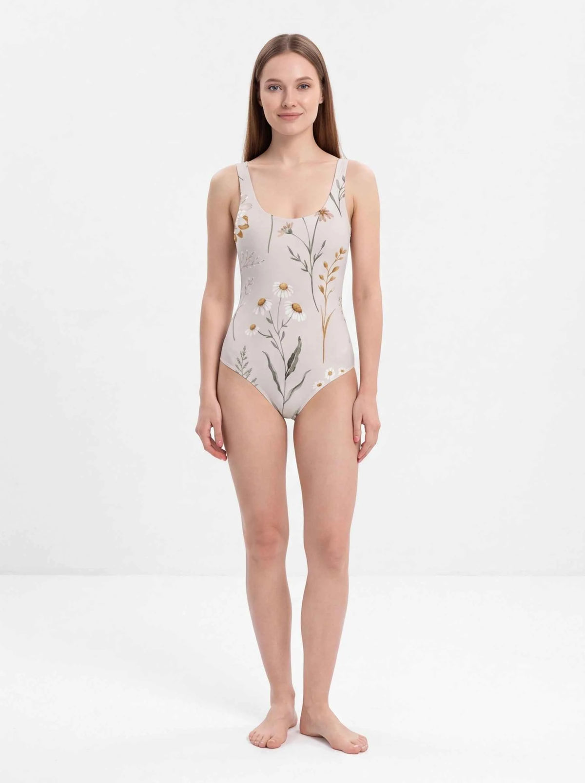 Floral one-piece swimsuit with light base, scoop neckline, and sleeveless cut