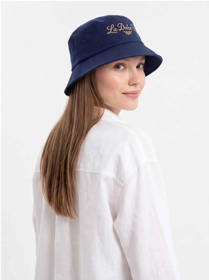 Navy bucket hat with La Dolce Vita embroidery, side profile