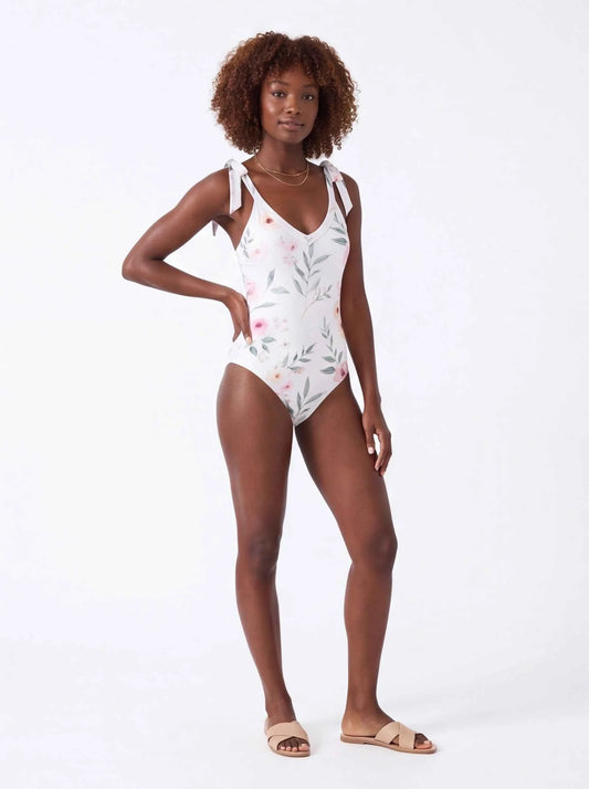 Floral tie-shoulder one-piece swimsuit, white with pink floral print and bow-tie straps