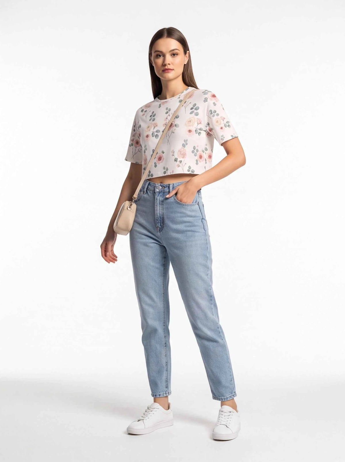 Cropped floral cotton T-shirt front view with crew neck and short sleeves