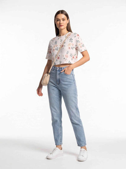Cropped floral cotton T-shirt front view with crew neck and short sleeves