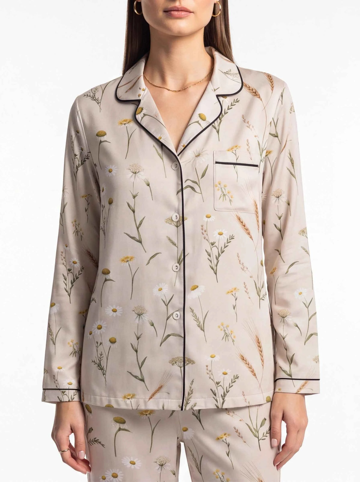 Women's satin lounge pajama top, button-front with botanical print on light fabric