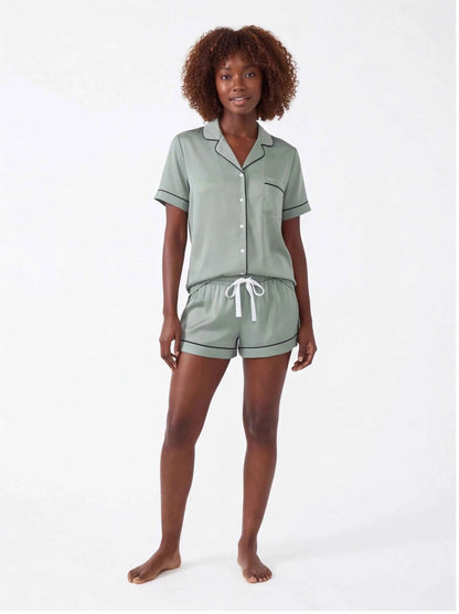 Sage green satin short-sleeve pajama set, button-up shirt and drawstring shorts