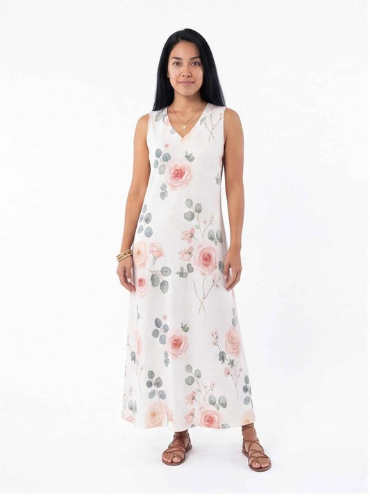 White V-neck maxi dress with blush and green floral print