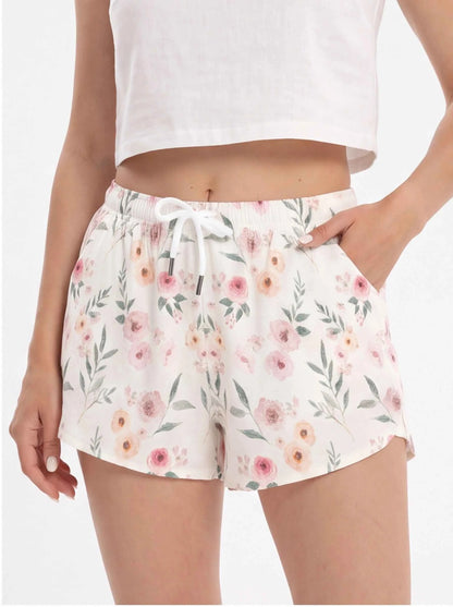 Pink floral relaxed shorts, elastic waist with white drawstring