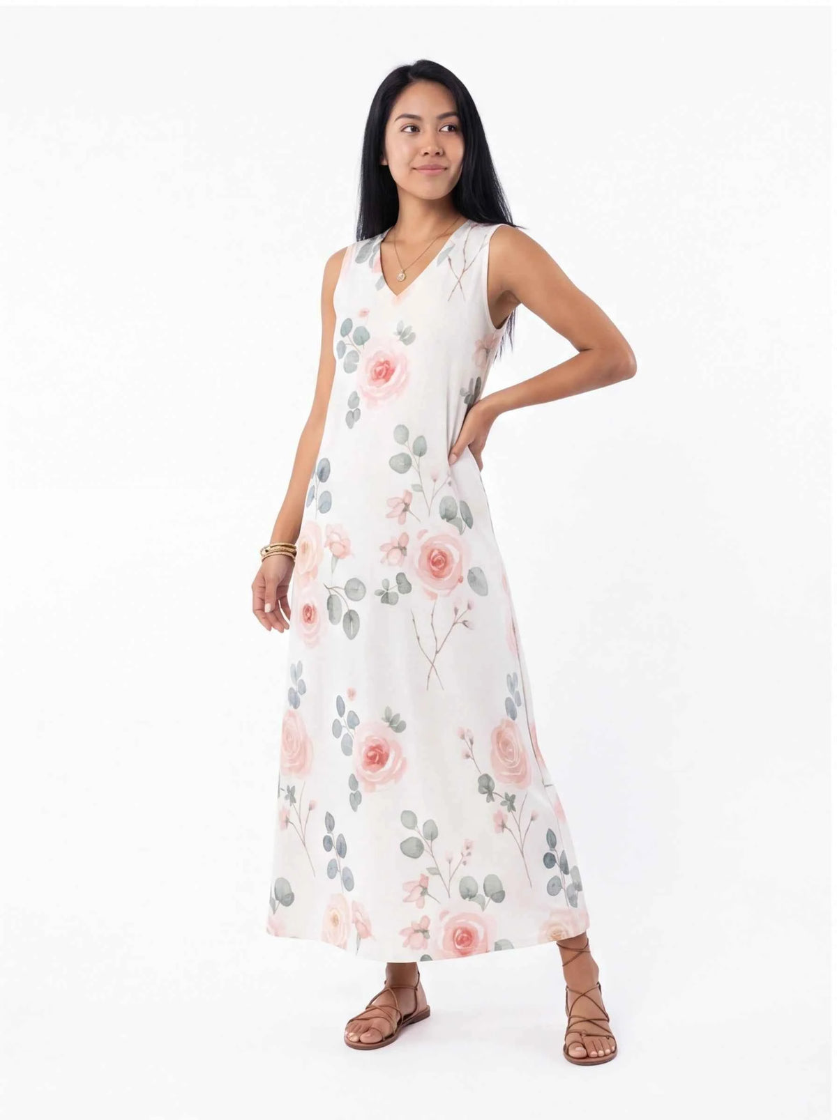 White floral maxi dress with V-neck and sleeveless cut