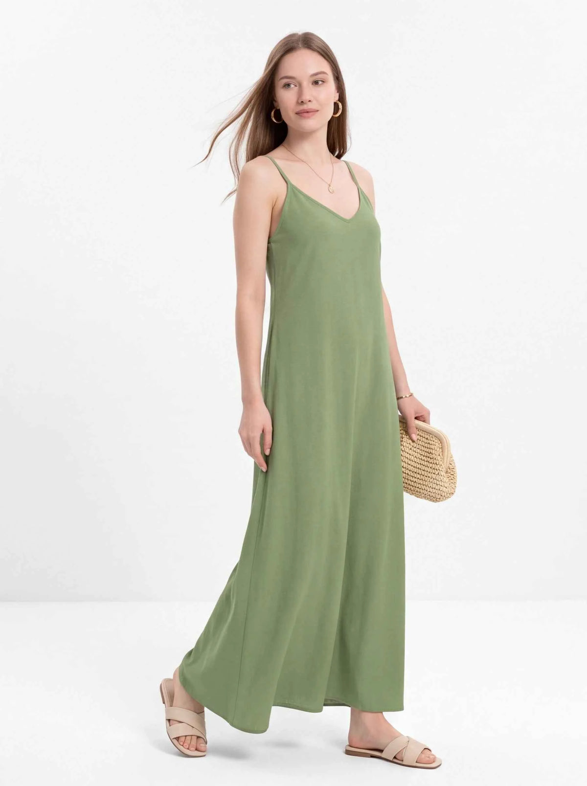 Olive green spaghetti strap maxi dress, full length with side drape and sandals