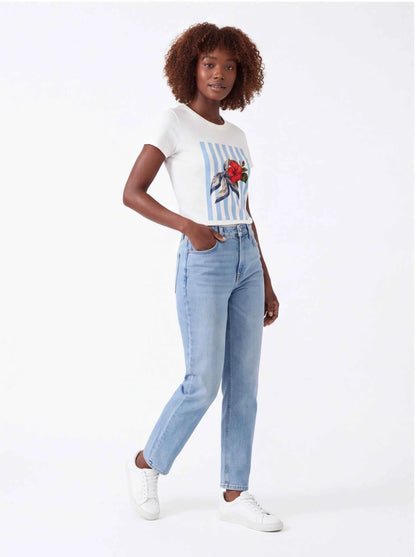 White crew-neck graphic T-shirt with blue stripes and red hibiscus ribbon