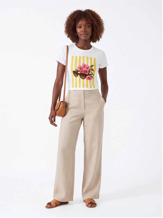 White graphic T-shirt with floral sunglasses front print, short sleeves