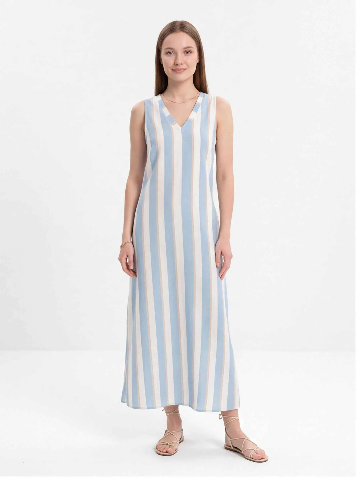 Sleeveless V-neck maxi dress with vertical light-blue-and-white stripes