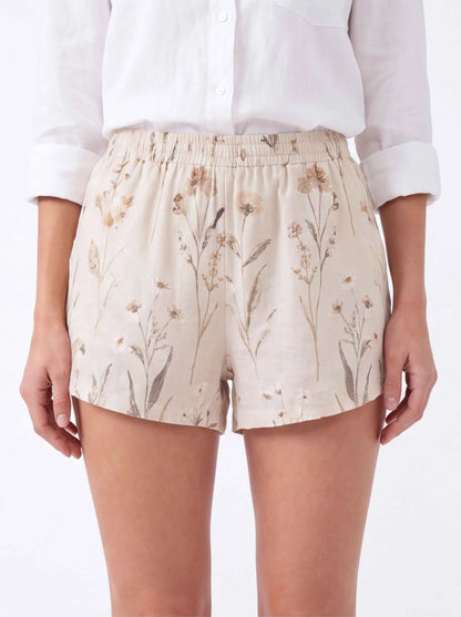 Beige floral relaxed beach shorts, gathered elastic waistband and drawstring