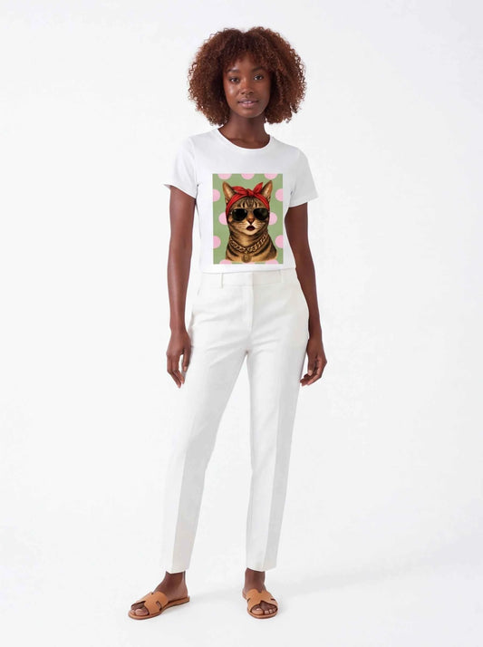 White graphic cat T-shirt with sunglasses and gold chain, front view