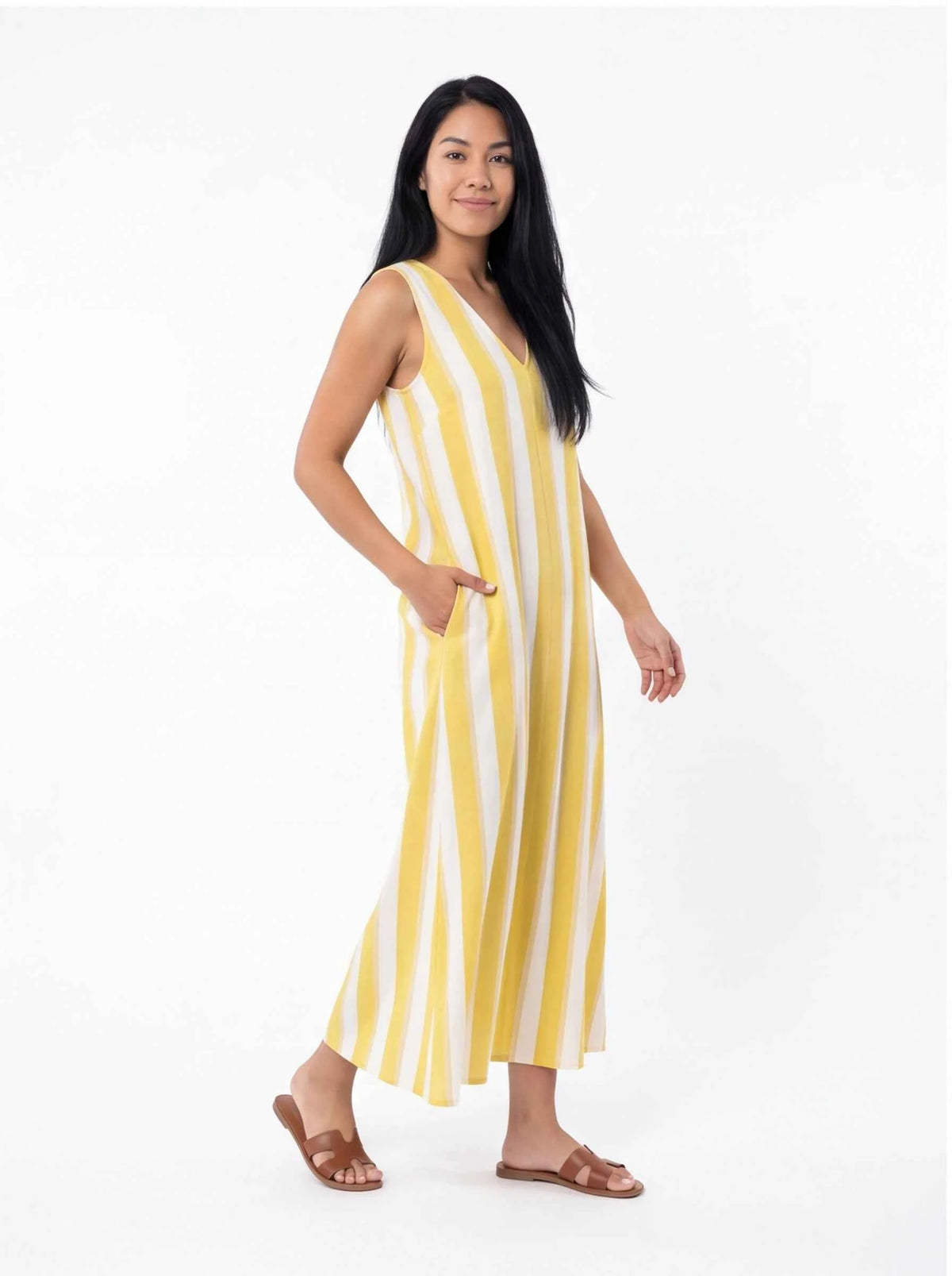 Sleeveless V-neck maxi dress with vertical yellow-and-white stripes, full length