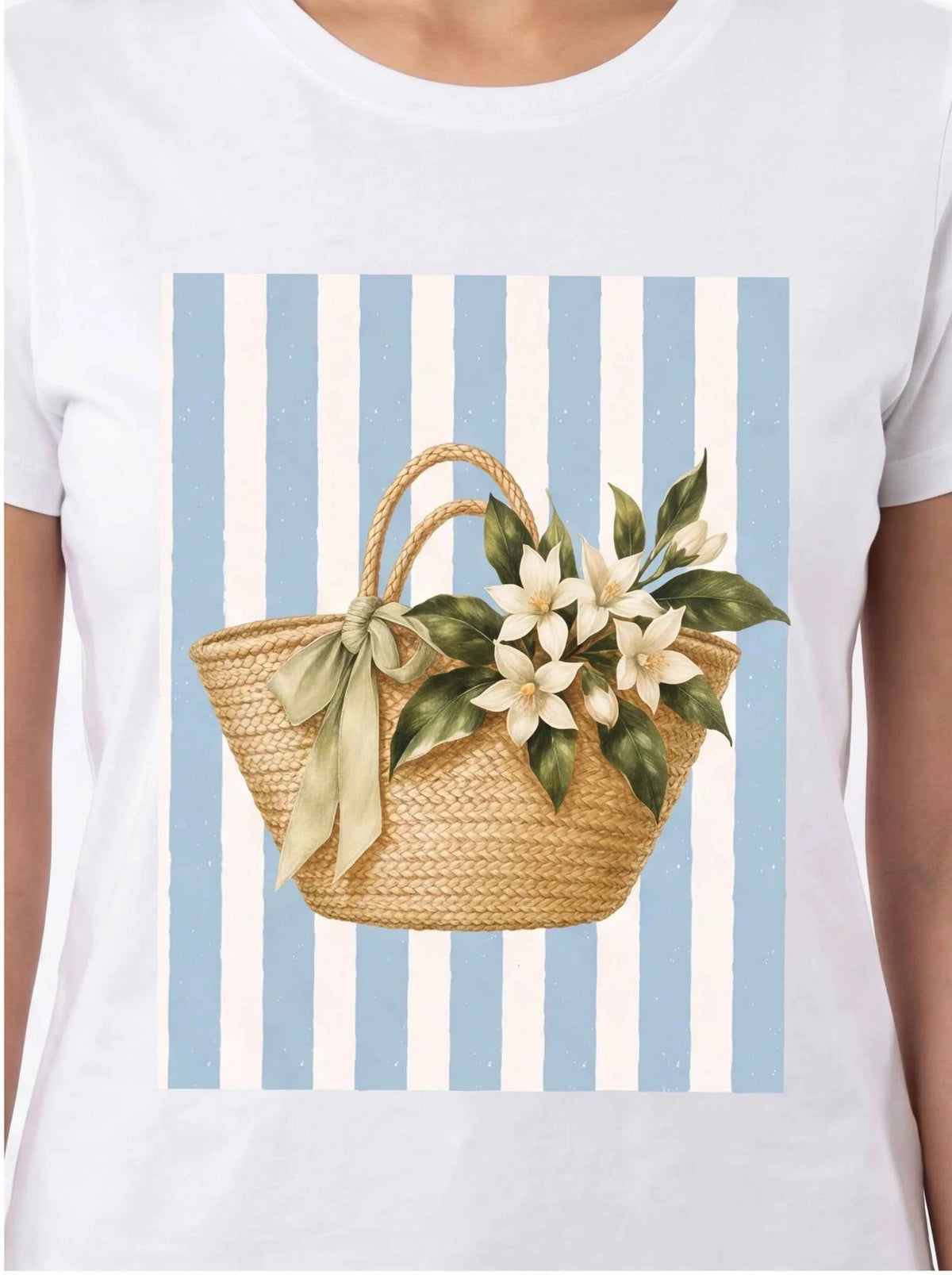White T-shirt front with blue stripe woven basket and white flower graphic