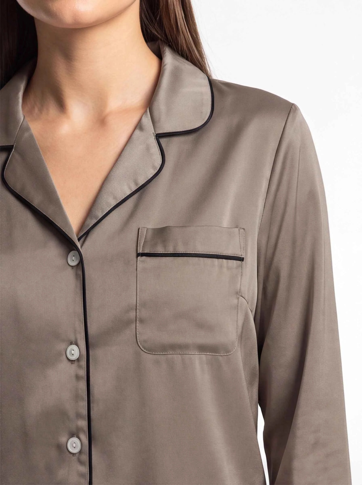 Taupe satin pajama shirt with contrast piping, button placket, and chest pocket