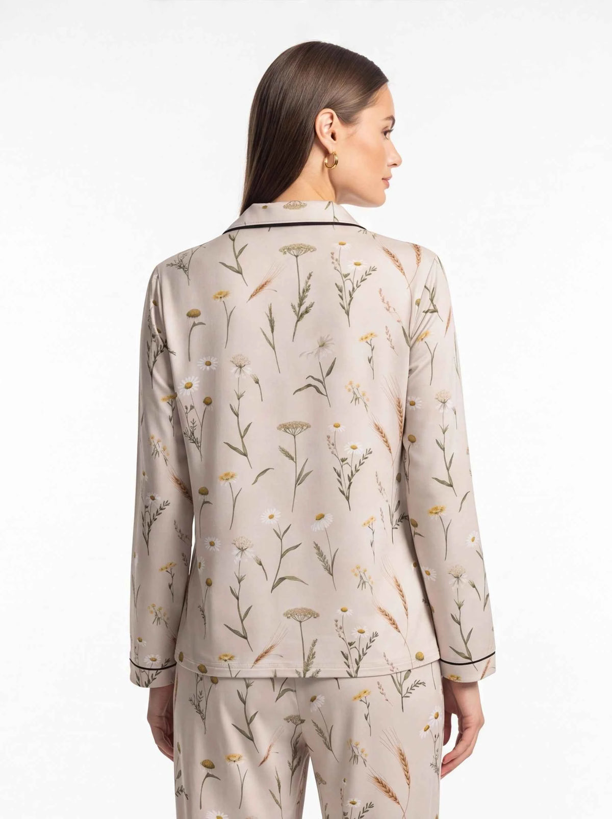 Women's satin lounge pajama set, back view with botanical print on light fabric