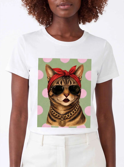 White graphic cat T-shirt with red bow, sunglasses, and chain print