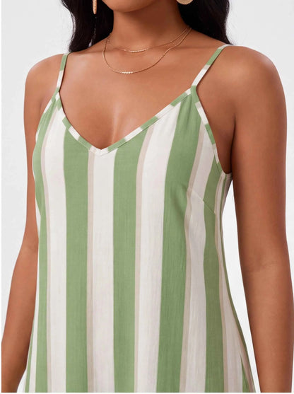 Green-and-white vertical striped spaghetti-strap maxi dress bodice close-up