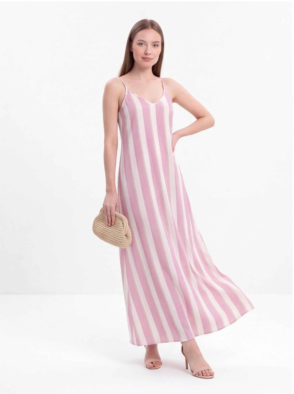 Pink and white vertical striped spaghetti-strap maxi dress with V-neck