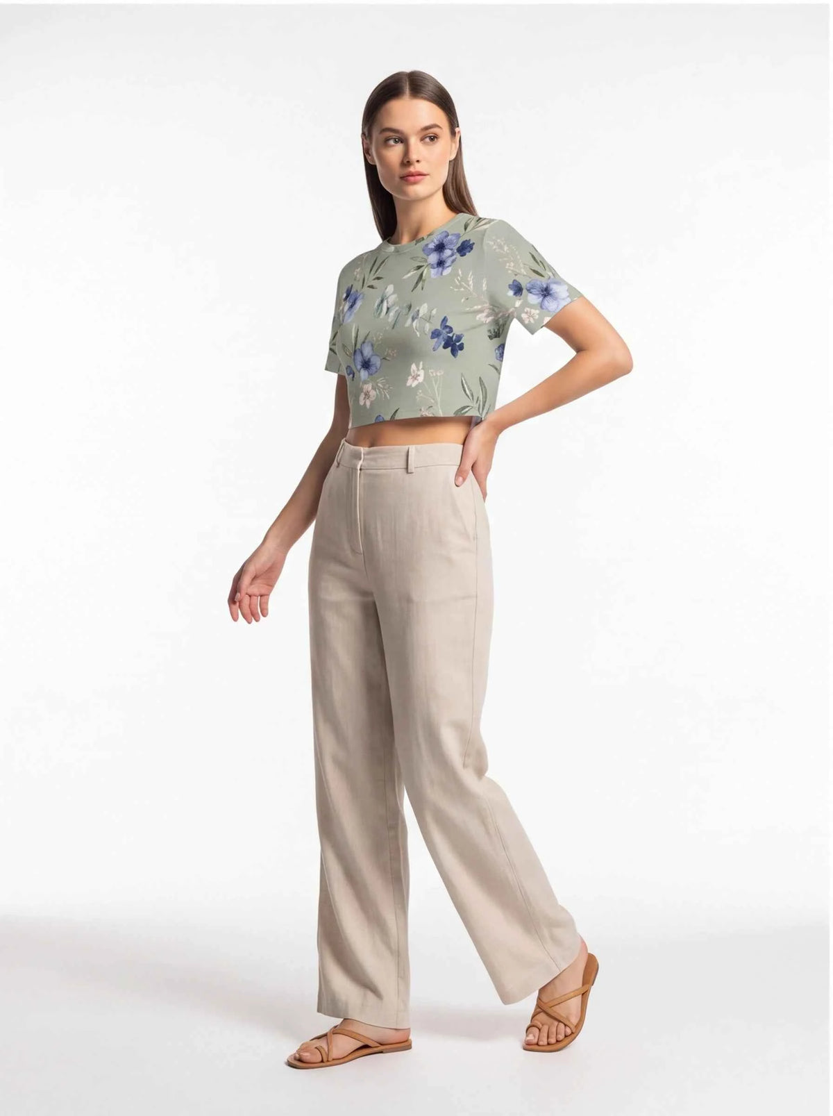 Women’s sage green cropped t-shirt with blue floral print, short sleeves