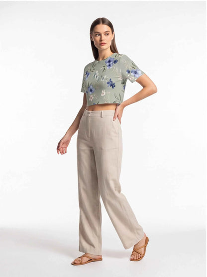 Women’s sage green cropped t-shirt with blue floral print, short sleeves