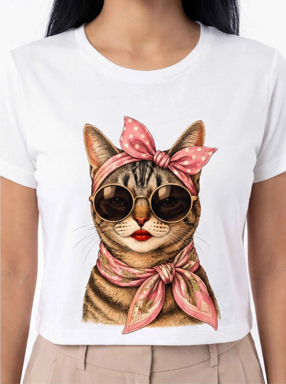 White cat graphic T-shirt with pink polka-dot bow, short sleeves