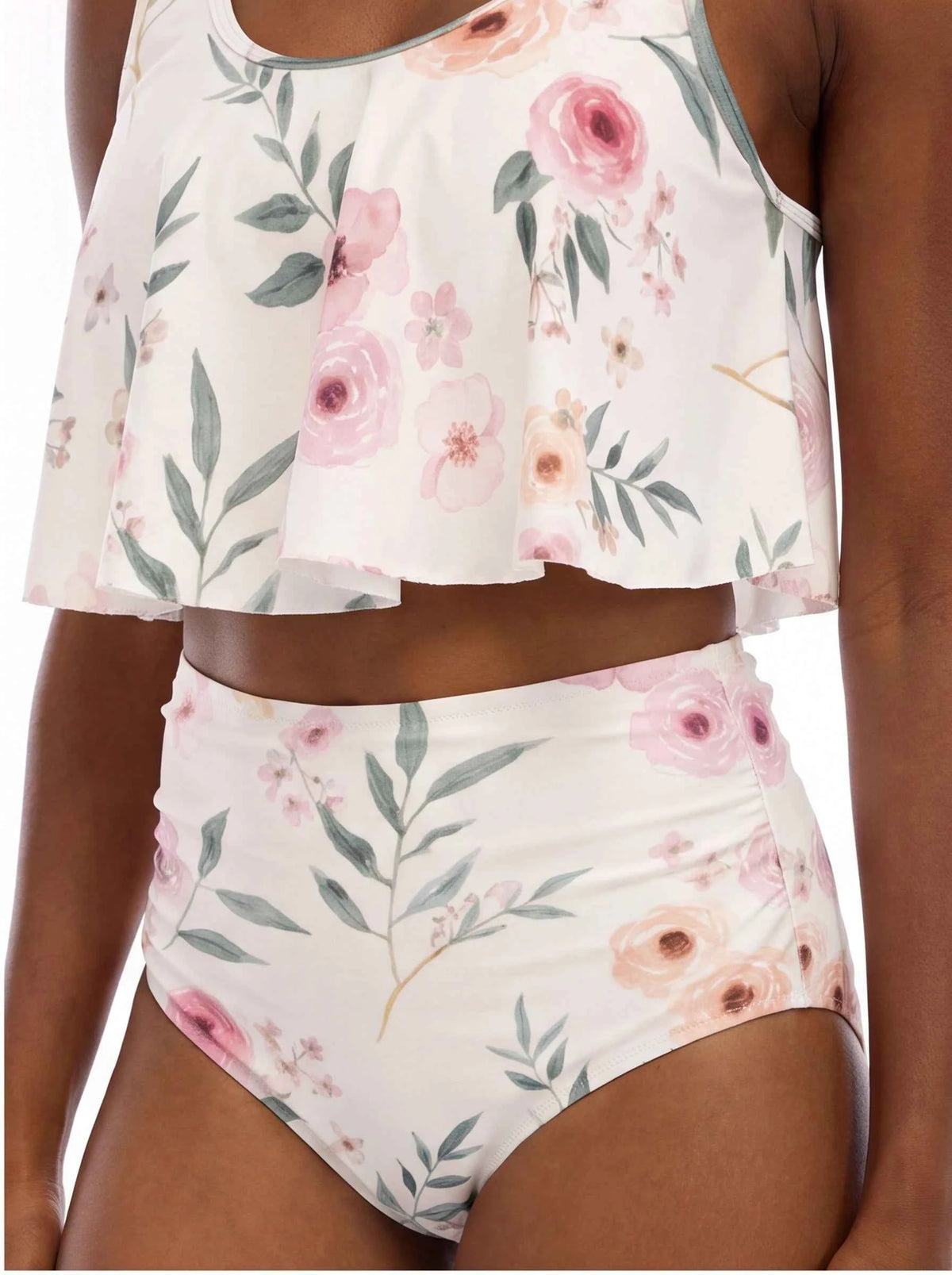 Floral ruffled bikini swimsuit, pink rose print high-waist bottoms with tiered top