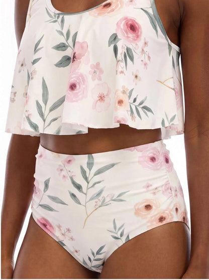 Floral ruffled bikini swimsuit, pink rose print high-waist bottoms with tiered top