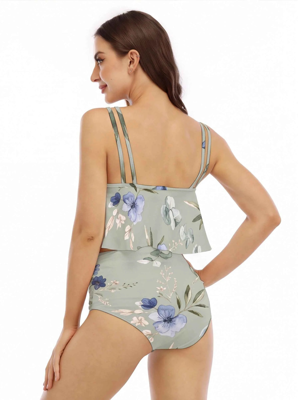 Floral ruffled bikini swimsuit, back view with tiered crop top and high-rise bottoms