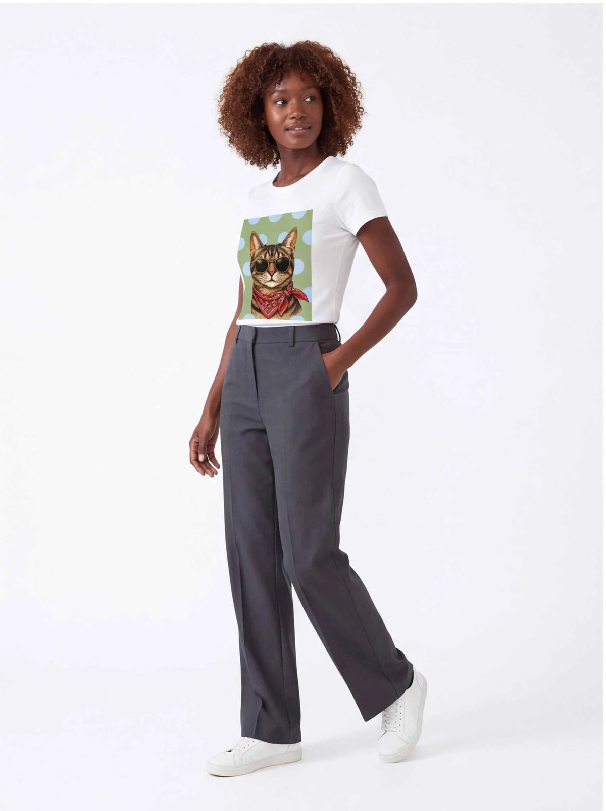 White crew-neck graphic t-shirt with tabby cat portrait print, side view