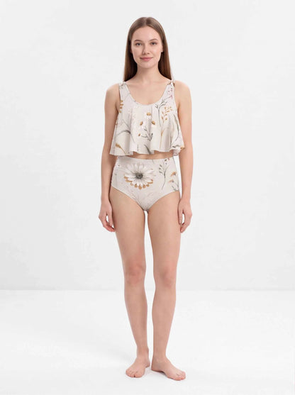 Floral ruffled bikini swimsuit set with daisy print, sleeveless crop top and briefs