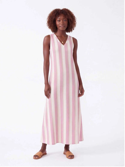 Sleeveless V-neck maxi dress with vertical pink-and-white stripes