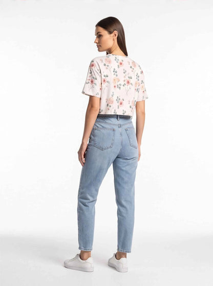 Cropped floral cotton T-shirt back view, crew neck and short sleeves