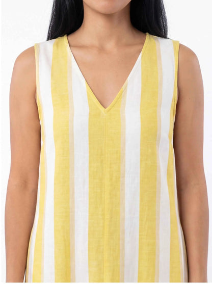 Sleeveless V-neck maxi dress close-up, vertical yellow-and-white stripes