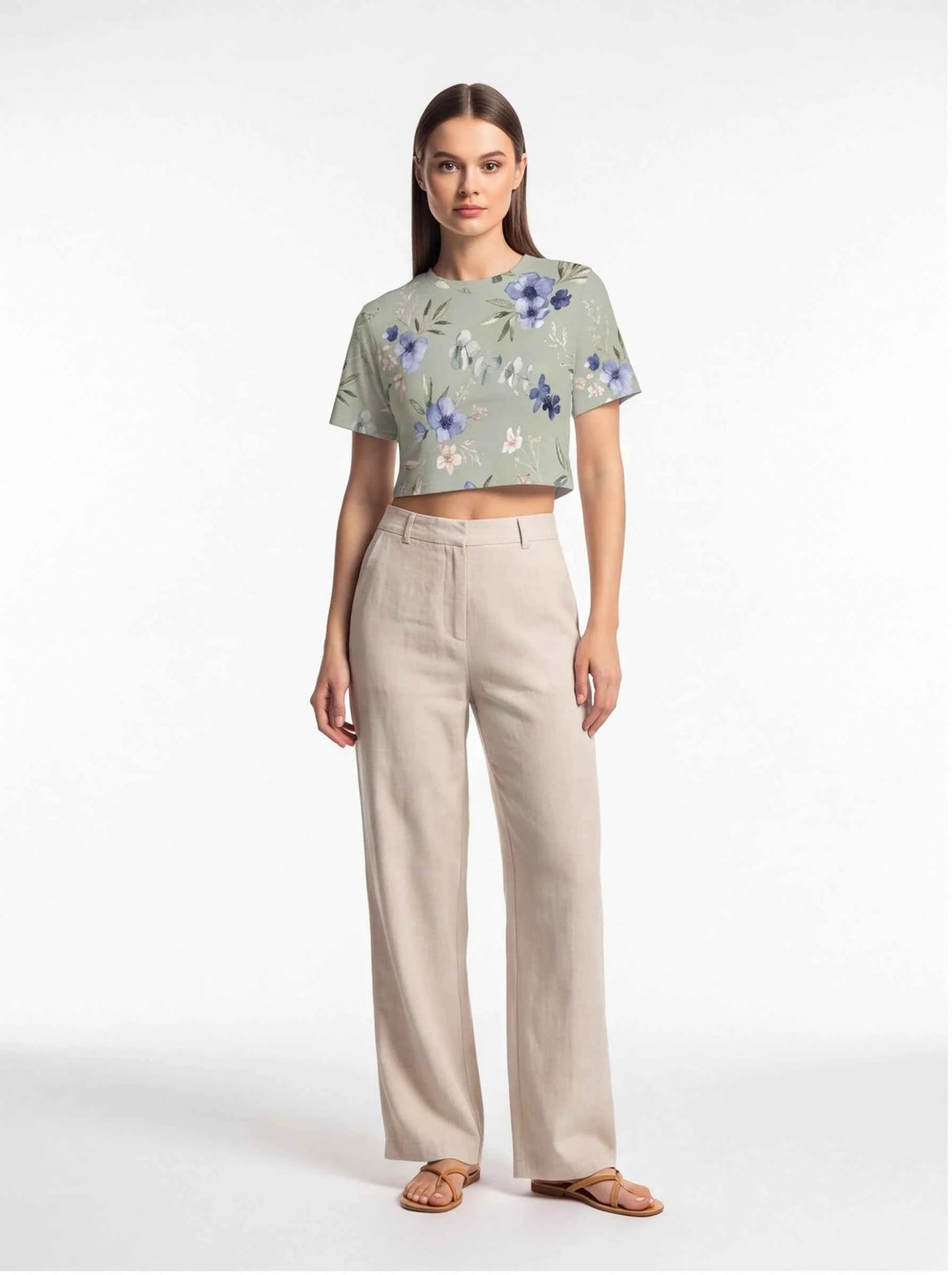 Women’s cropped t-shirt in sage green with blue floral print, short sleeves
