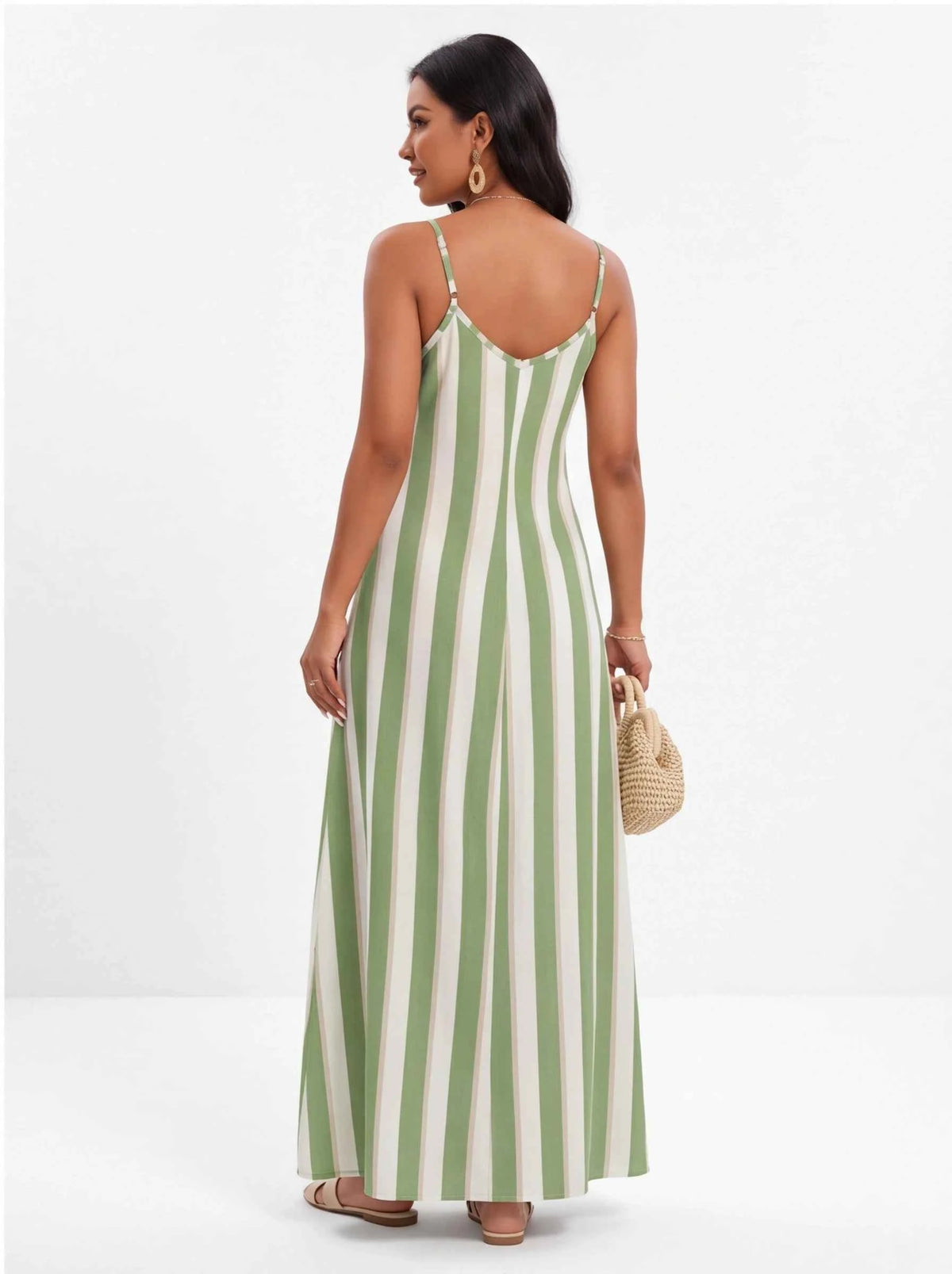 Green and white striped spaghetti-strap maxi dress, open back with thin straps