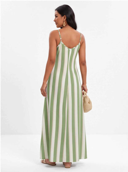 Green and white striped spaghetti-strap maxi dress, open back with thin straps